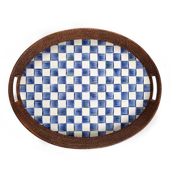 Rectangular party tray with hand-painted royal check enamel base and woven rattan rim.