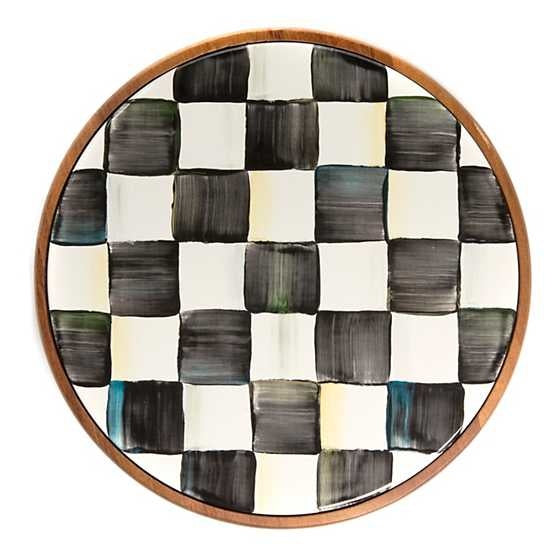 Large Courtly Check enamel trivet with acacia wood base featuring hand-painted blue and white checkered pattern.