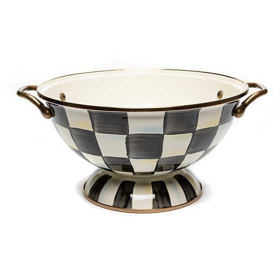 Small Courtly Check enamel bowl with bronzed stainless steel rim and antiqued brass handles.