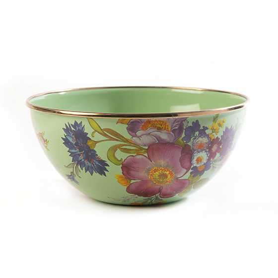 Small white steel everyday bowl with hand-applied botanical transfer pattern and bronzed stainless rim.