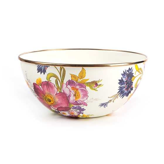 Small white steel everyday bowl with hand-applied botanical transfer pattern and bronzed stainless rim.