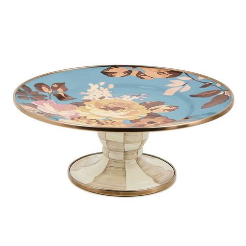 Mini pedestal platter with hand-glazed steel base featuring Mocha Checks pattern.