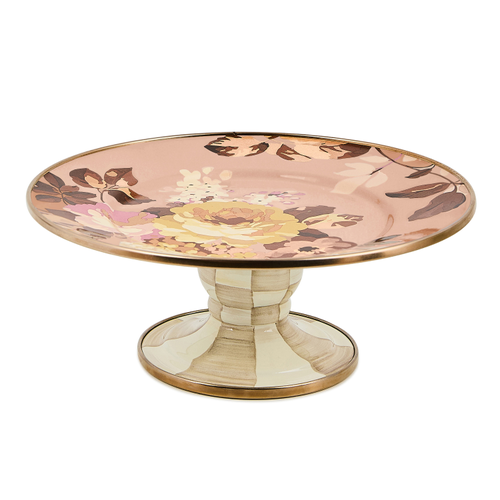 Hand-glazed steel pedestal platter with Mocha Checks base pattern.