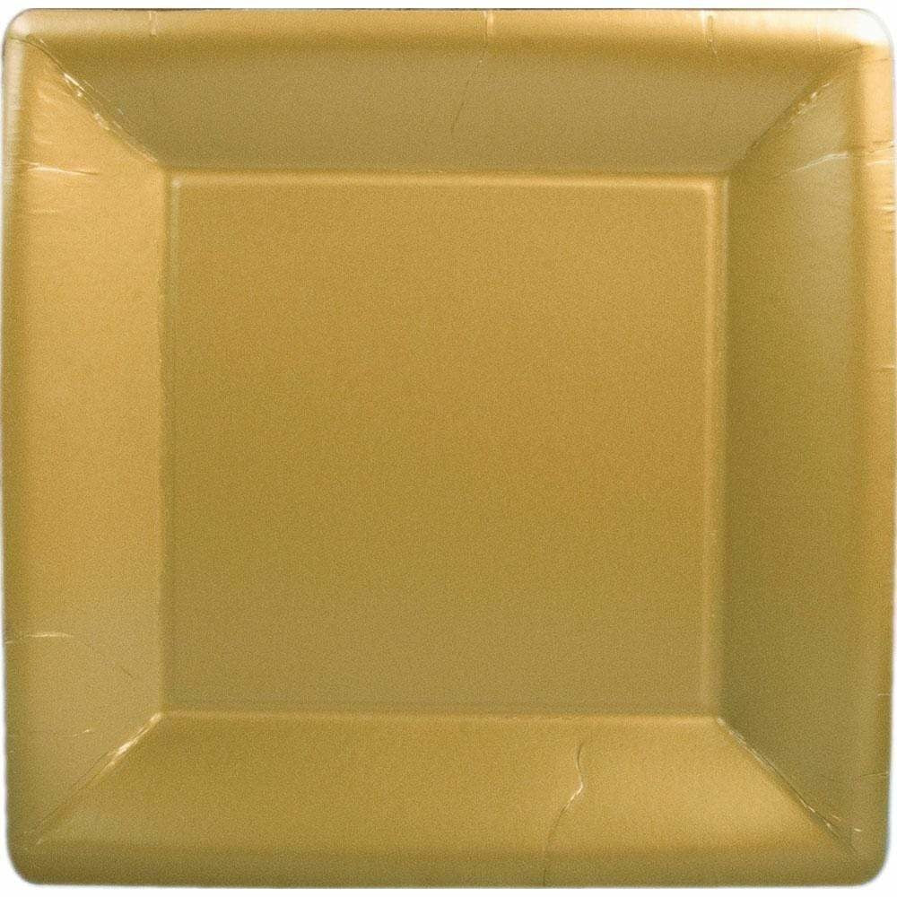 Square solid gold colored paper dinner plates with a porcelain-like finish