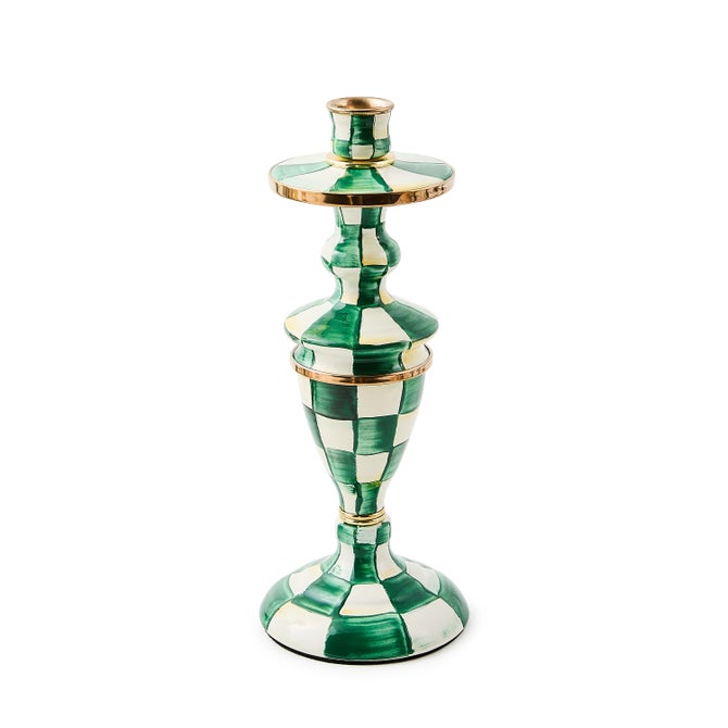 Medium emerald green checkered enameled steel candlestick with bronzed stainless rim and brass accents.