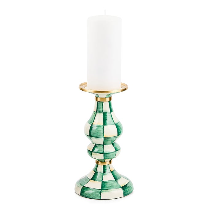 Emerald green hand-painted check pillar candlestick with brass accents on heavy-gauge steel.