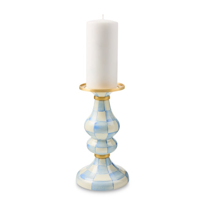 Mackenzie Childs Check Pillar Candlestick in sky blue with brass accents and bronzed stainless steel rim