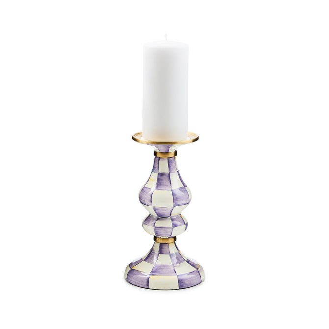 Hand-glazed steel pillar candlestick with blue checkered paint pattern, brass accents, and bronzed stainless steel rim.
