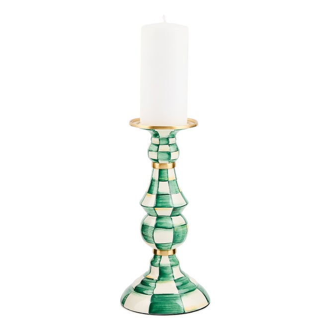 Emerald green hand-painted check pillar candlestick with brass accents on heavy-gauge steel.