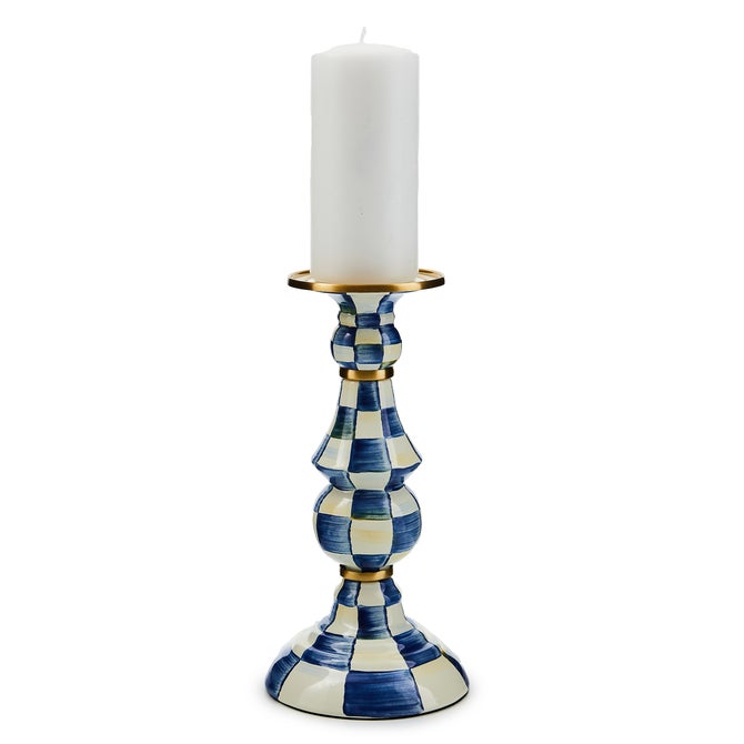 Hand-glazed steel pillar candlestick with hand-painted check pattern, brass accents, and bronzed stainless steel rim.