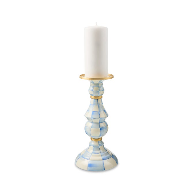 Hand-glazed steel pillar candlestick with painted check pattern, brass accents, and bronzed stainless steel rim.