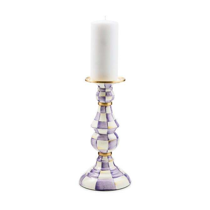 Large violet pillar candlestick with hand-painted checks on heavy-gauge steel base and brass accents.