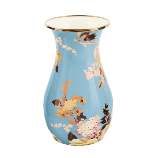 Tall steel vase with hand-glazed body, bronzed stainless rim, and transfer pattern; 6-inch diameter.