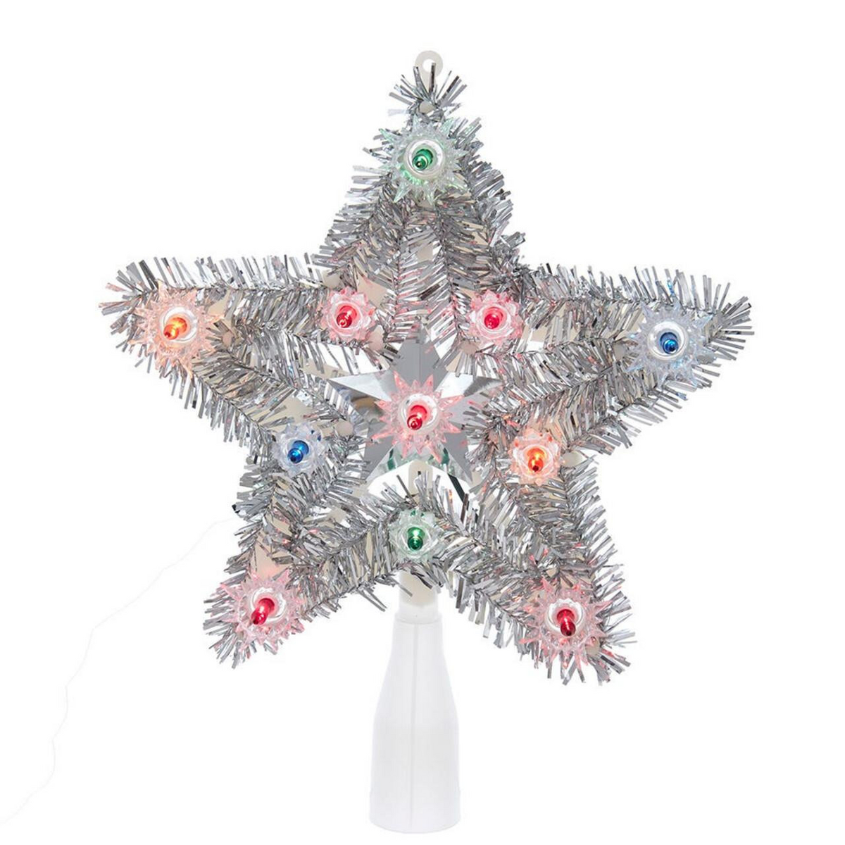 8-inch silver tinsel 5-point star tree topper with 11 multicolor lights on a white base.