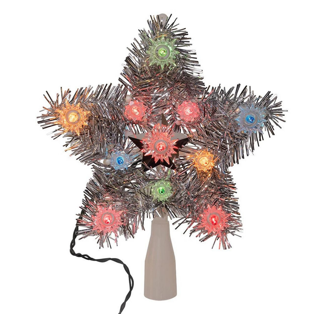 8-inch silver tinsel 5-point star tree topper with 11 multicolor retro-style lights.