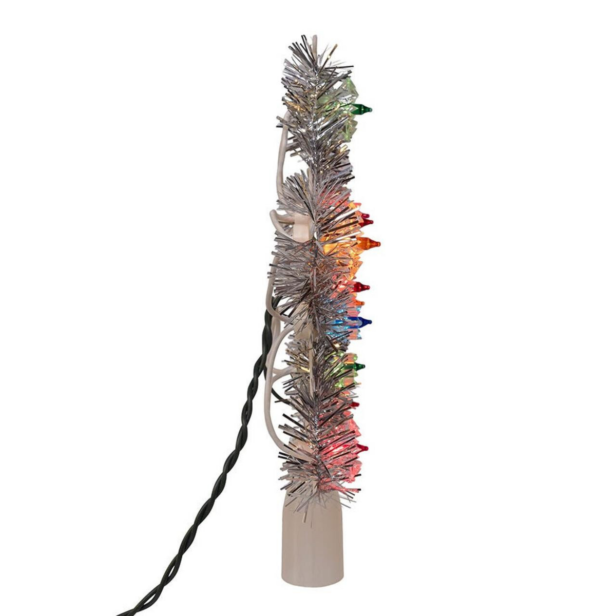 Side view of an 8-inch silver tinsel star tree topper with 11 multicolor lights and a white base.
