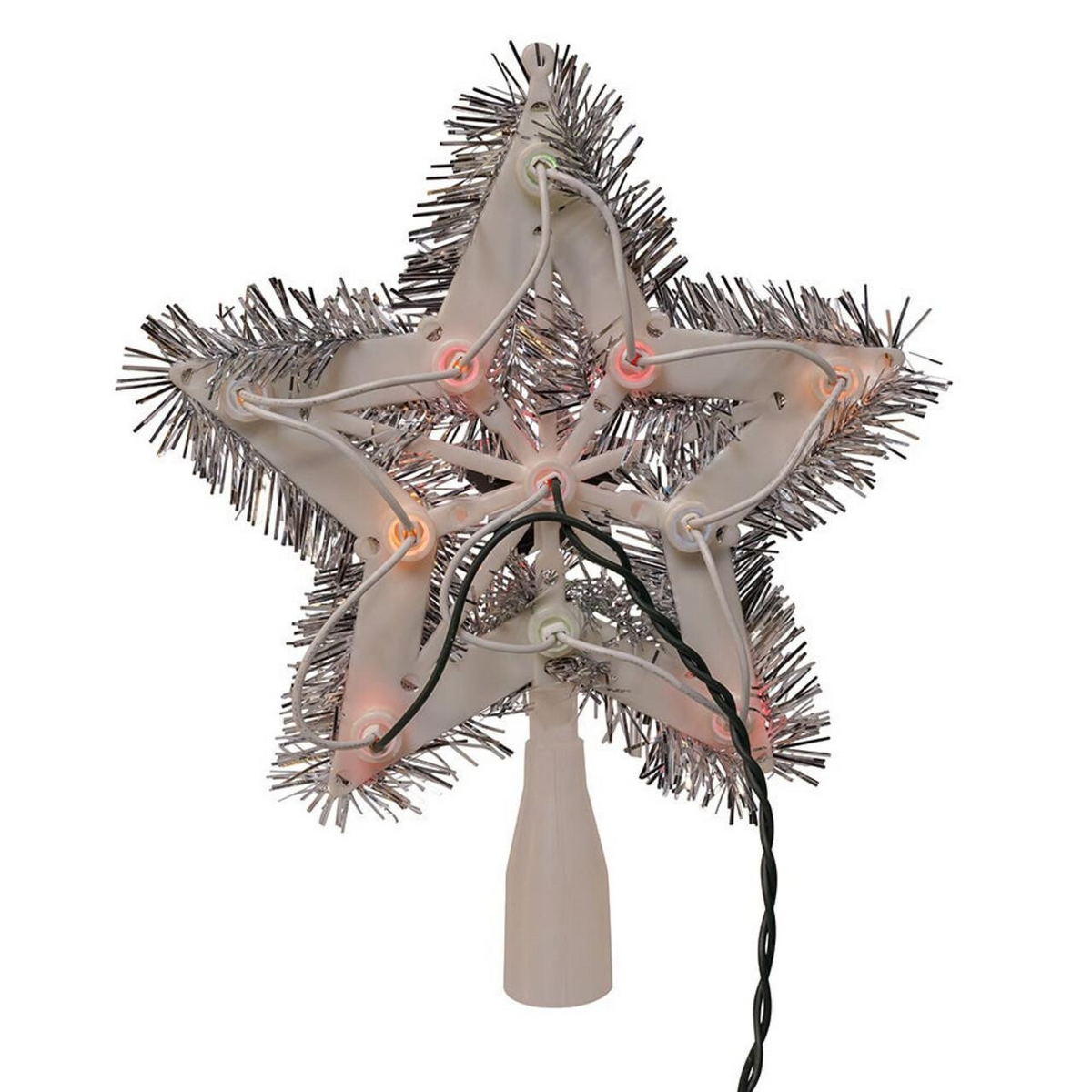 Back view of an 8-inch 5-point retro star tree topper with 11 multicolor lights and silver tinsel.