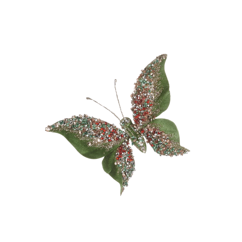 8-inch green jeweled butterfly clip-on ornament with red, silver, and green shimmering accents.