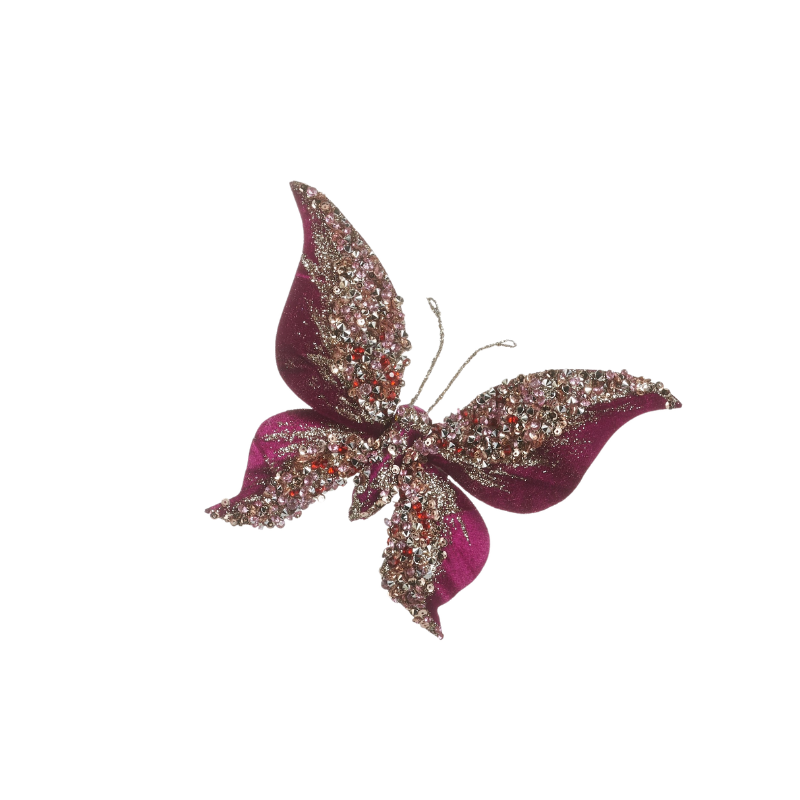 8-inch purple jeweled butterfly clip-on ornament with shimmering pink and silver accents.