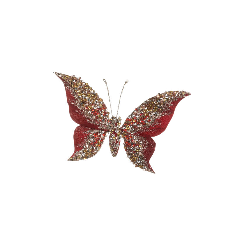 8-inch red jeweled butterfly clip-on ornament with gold and silver shimmering accents.
