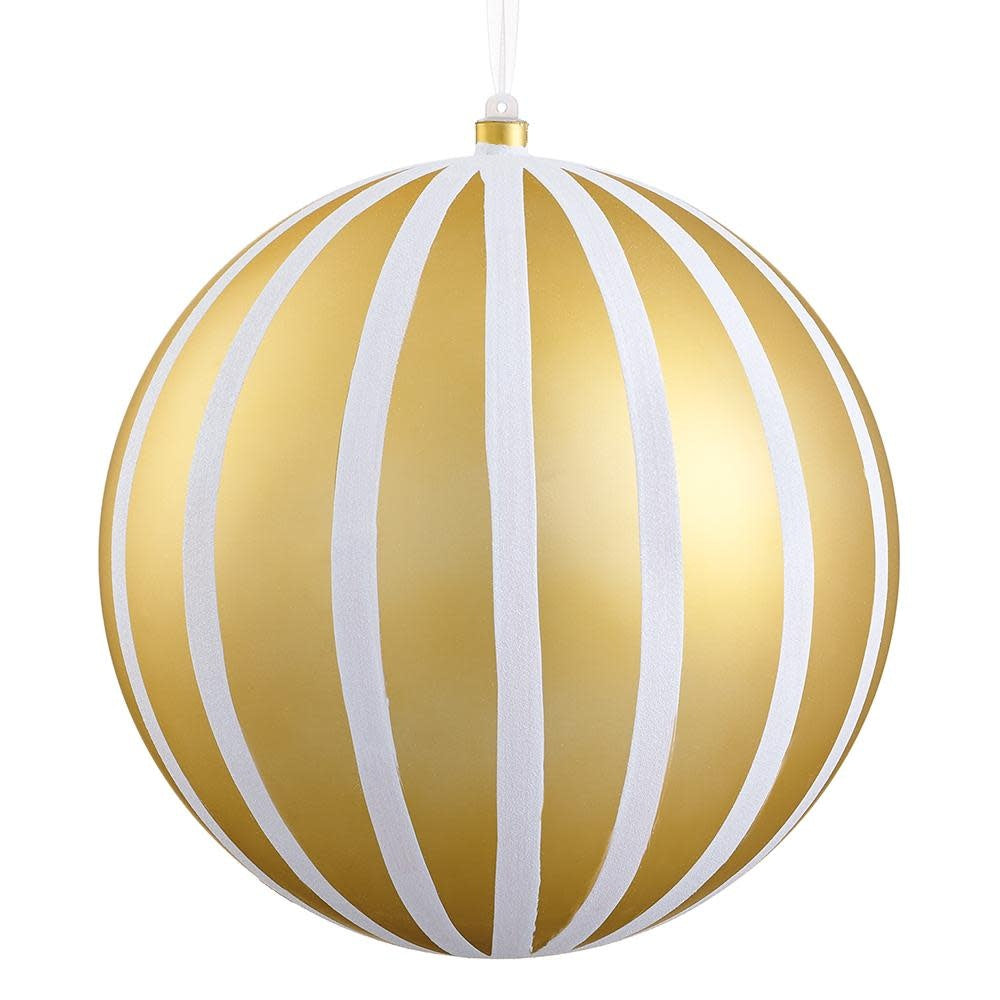 Eight-inch gold and white glittered plastic ball ornament with spherical shape.