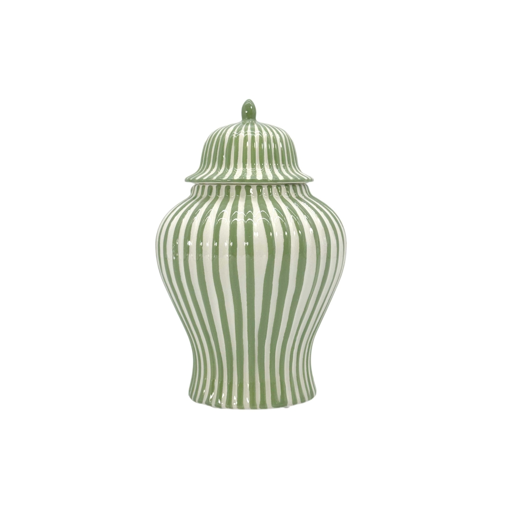 8-inch green and white candy cane striped ceramic ginger jar with a matching lid.