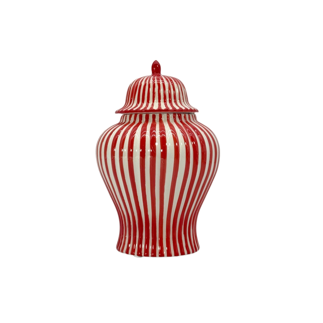 8-inch red and white candy cane striped ceramic ginger jar with a matching lid.