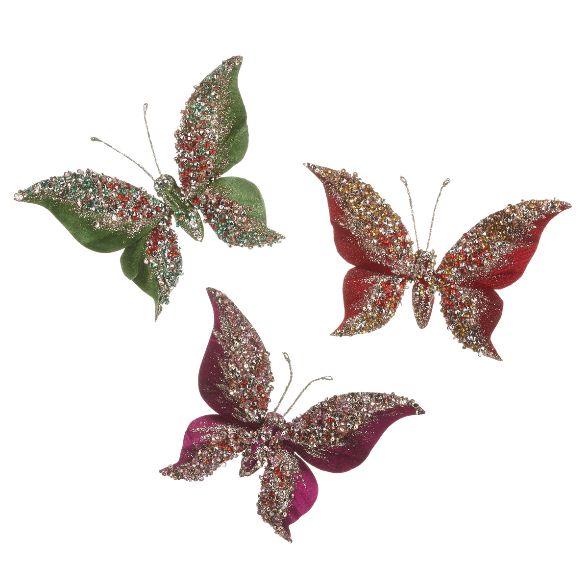 Three 8-inch jeweled butterfly clip-on ornaments in green, red, and purple with glitter accents.