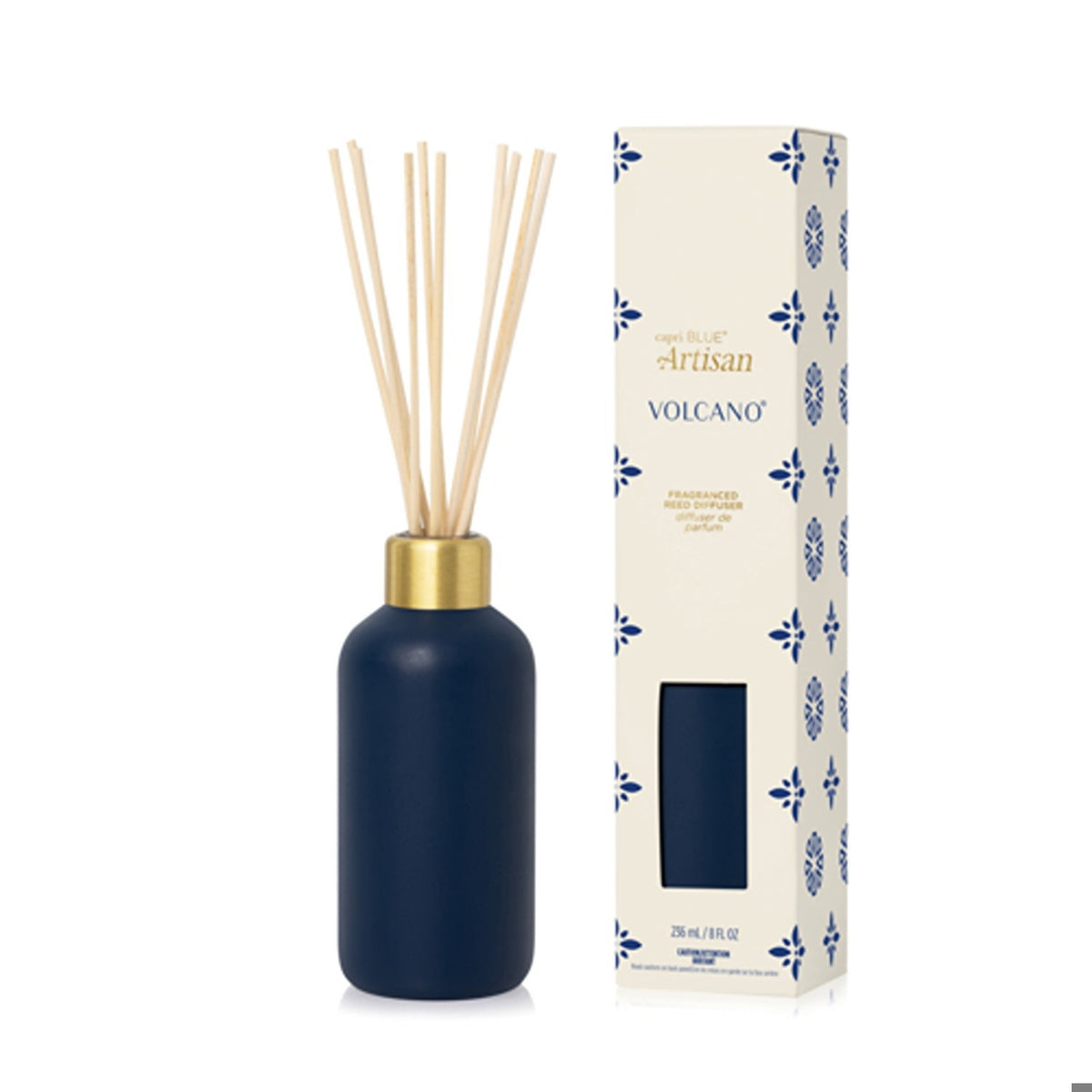 8 oz. Volcano Artisan Terrazza Velluto Reed Diffuser in a matte blue bottle with gold collar.