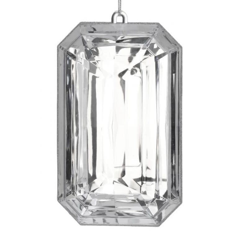 Clear acrylic ornament with emerald cut facets shaped like a precious gem.