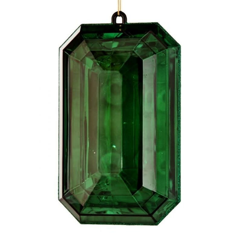 Nine-inch emerald green acrylic ornament with an emerald cut faceted gem silhouette.