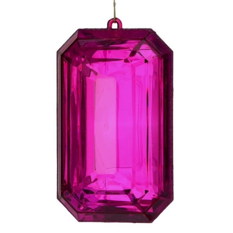 Nine-inch acrylic emerald cut ornament in fuchsia with faceted gem silhouette.