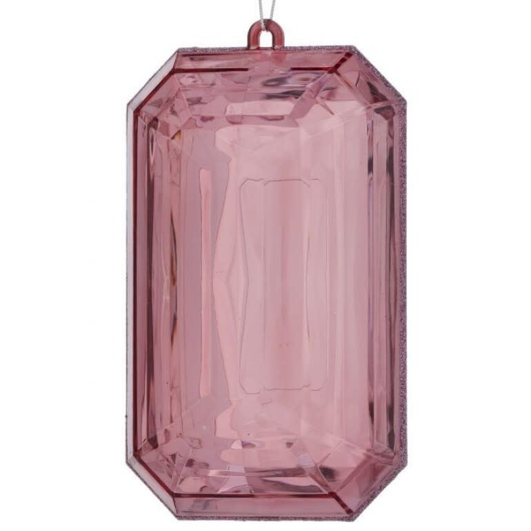 Nine-inch pink acrylic emerald cut precious gem ornament with faceted geometric silhouette.
