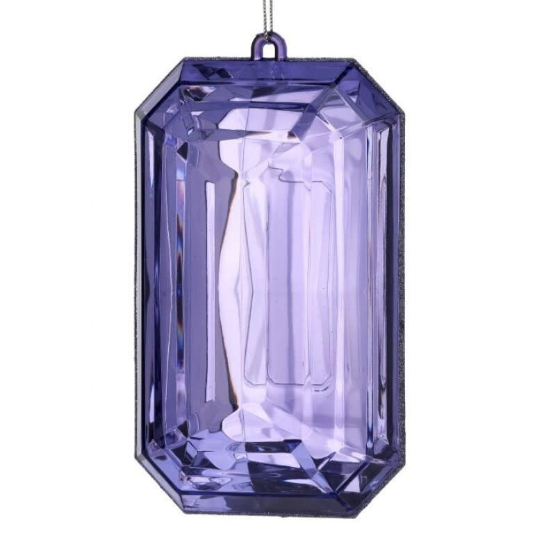 Purple acrylic emerald cut precious gem ornament with faceted geometric pattern