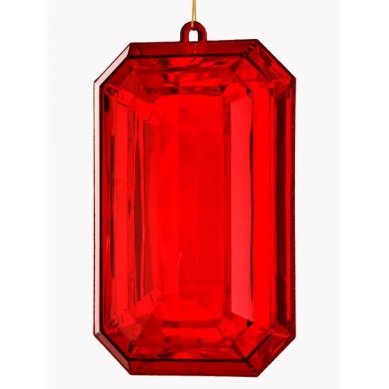 Red acrylic emerald cut precious gem ornament with faceted geometric shape