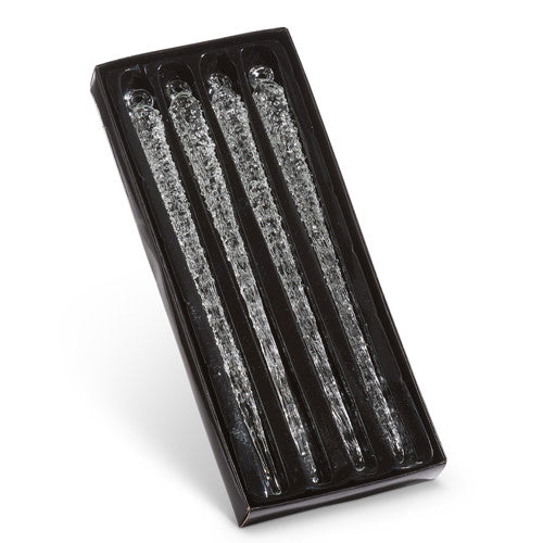 Box of four clear glass icicle ornaments with a frosty winter design