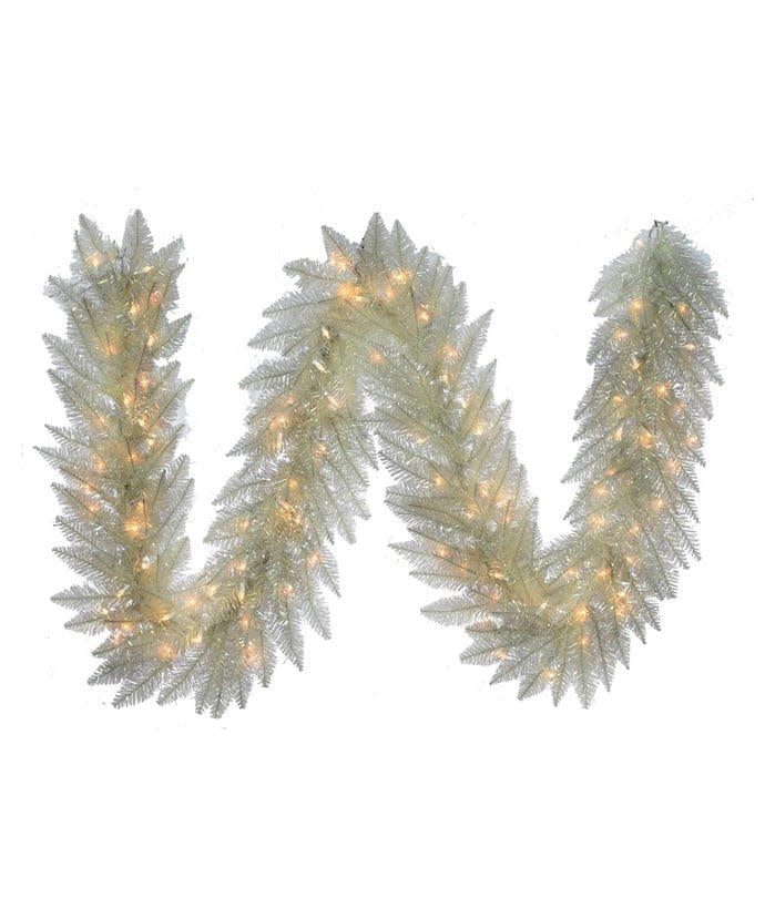 Nine-foot iridescent pre-lit garland with clear incandescent lights and thick PVC construction.