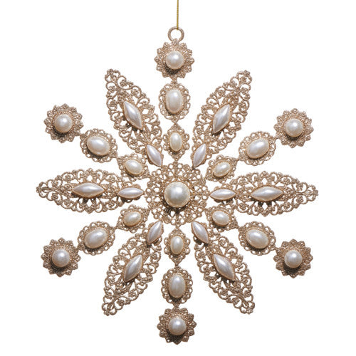 Metal ornament with grey glitter finish, silver pearl accents, and a classic teardrop silhouette.