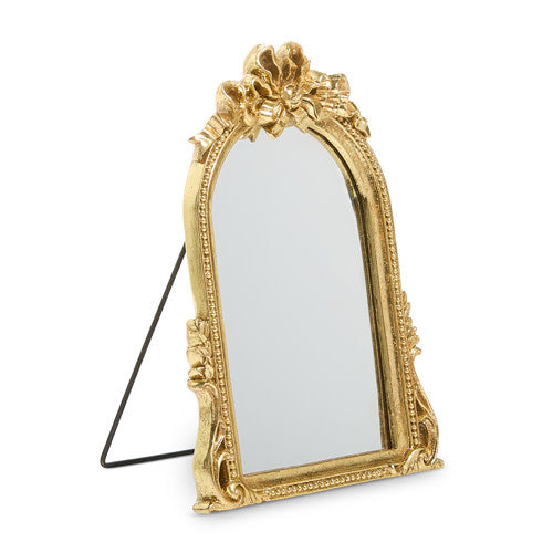 Gold resin bow-shaped table top mirror with iron frame