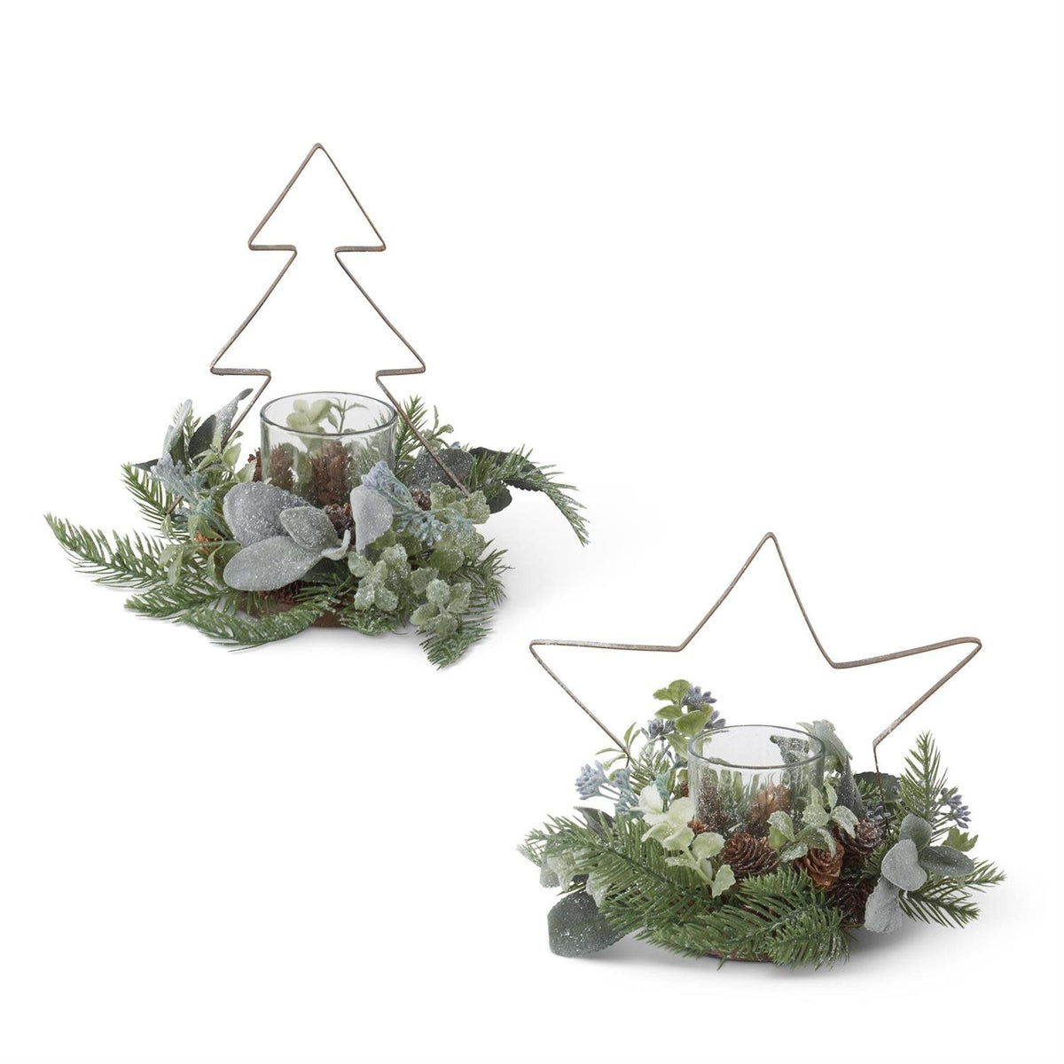 Glittered pine metal candleholder with frosted accents and iron line base