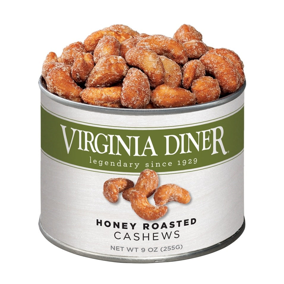 Bag of honey roasted cashews with a golden-brown glaze.