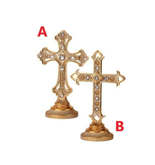 9-inch resin pedestal cross with jeweled accents in a neutral finish.