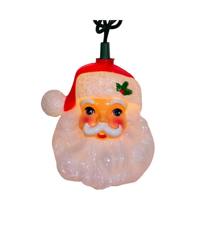 Multicolor incandescent Santa head light set with clear bulbs on a green wire.