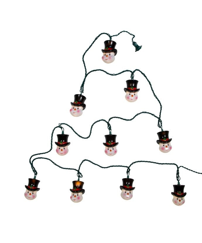 Multicolor snowman head light set with clear incandescent bulbs on a green wire.
