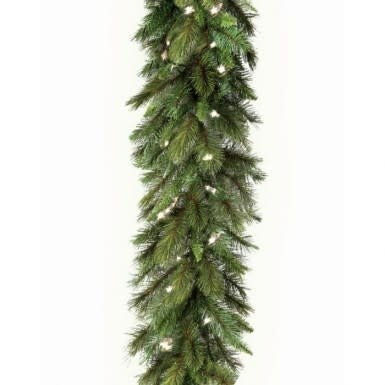 9-foot by 14-inch LED Deluxe Belgium garland with green foliage and white lights.