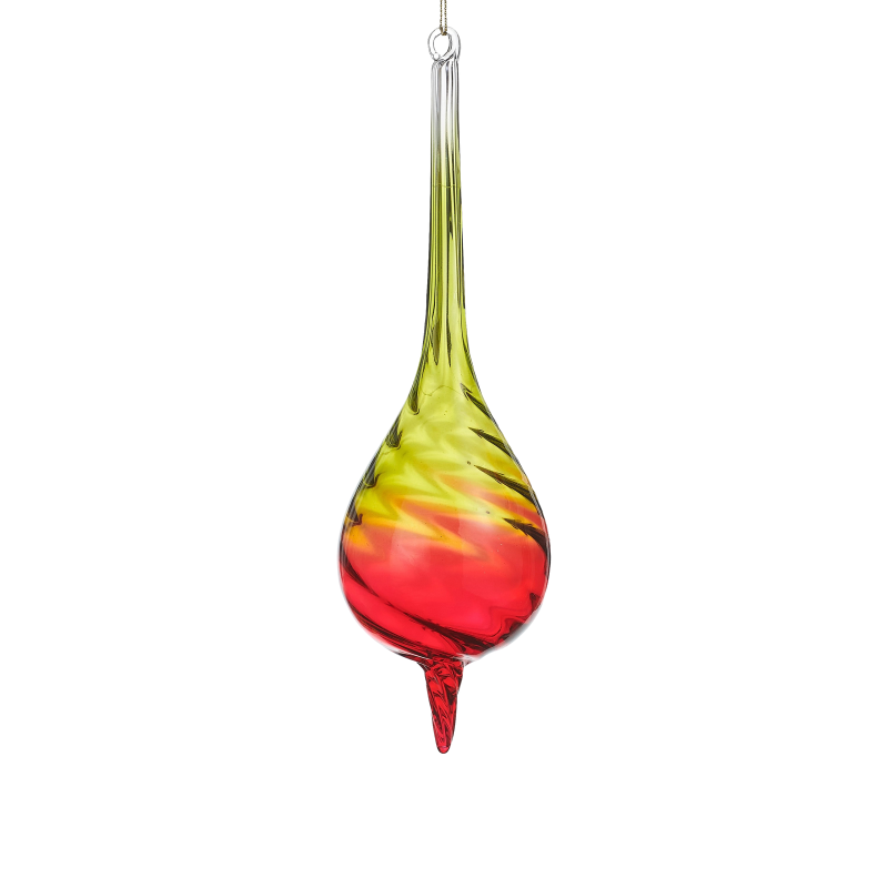 9.5-inch red and green ombre glass finial ornament with a twisted swirl design.