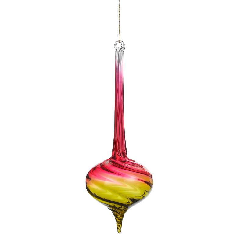 9.5-inch glass finial ornament with a red and green ombre swirl design and a long tapered neck.