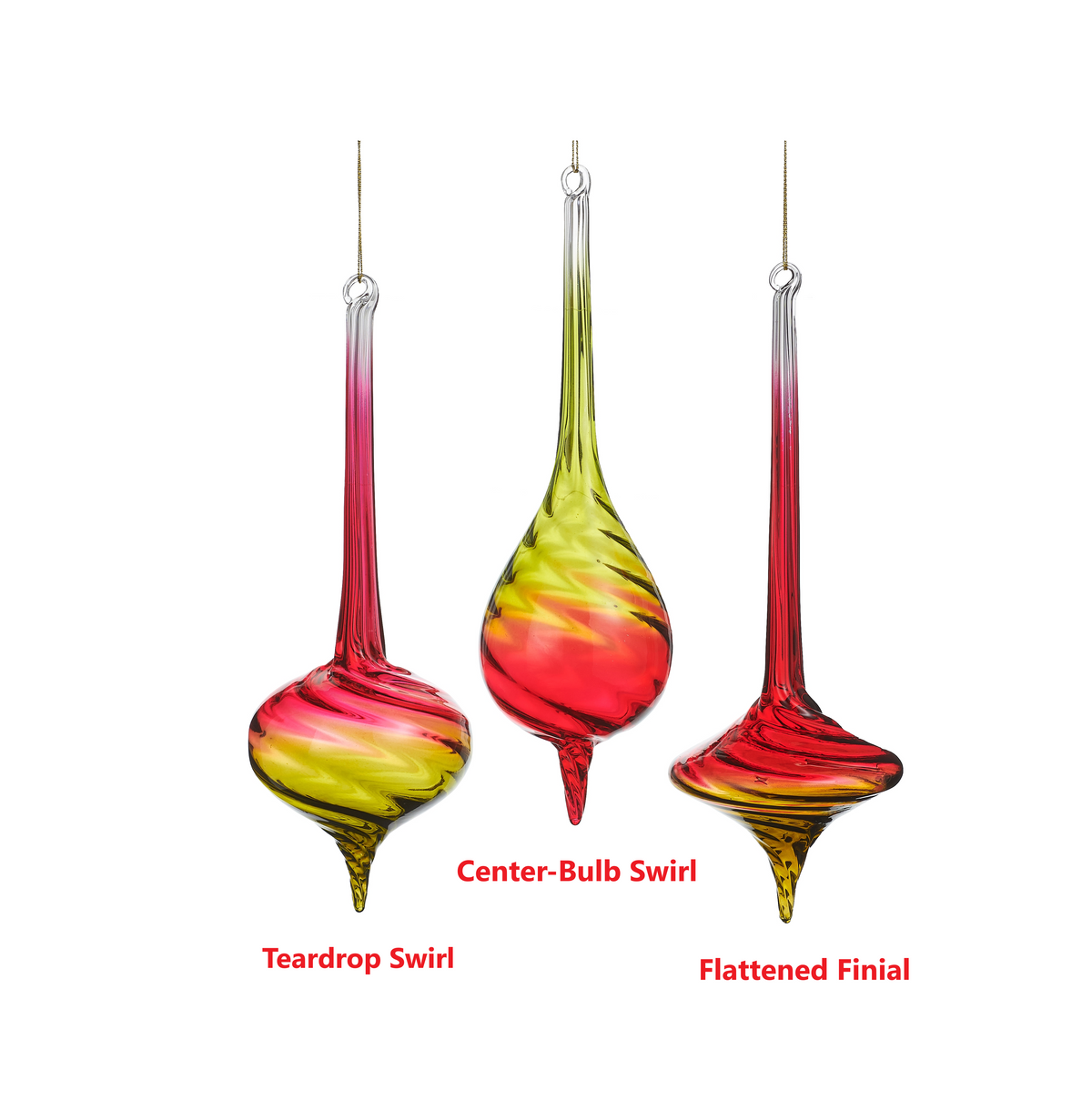 Three red and green ombre glass finial ornaments in teardrop, center-bulb, and flattened shapes.