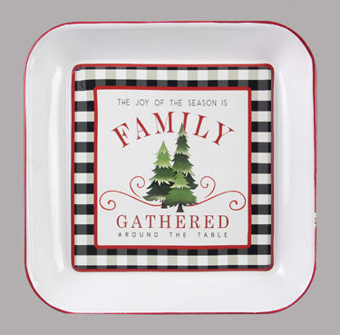 Square enamel Christmas tray with red rim, green script text, and vintage holiday accents.