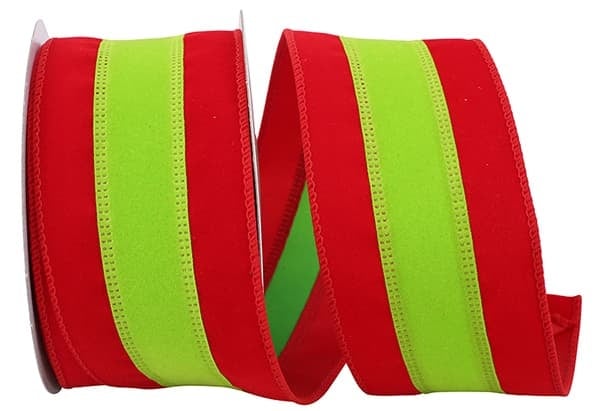 Red velvet ribbon with lime green stripes and wired edge